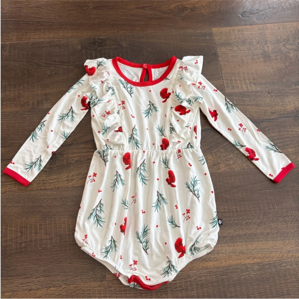 Kyte BABY White Romper with Red Trim & Cardinal Print
